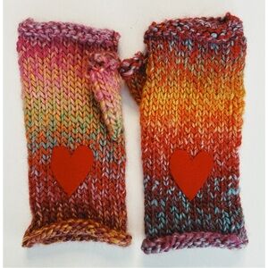 Girl’s Multi Coloured Hand Knit Fingerless Gloves  with Hearts Size 8-10 years